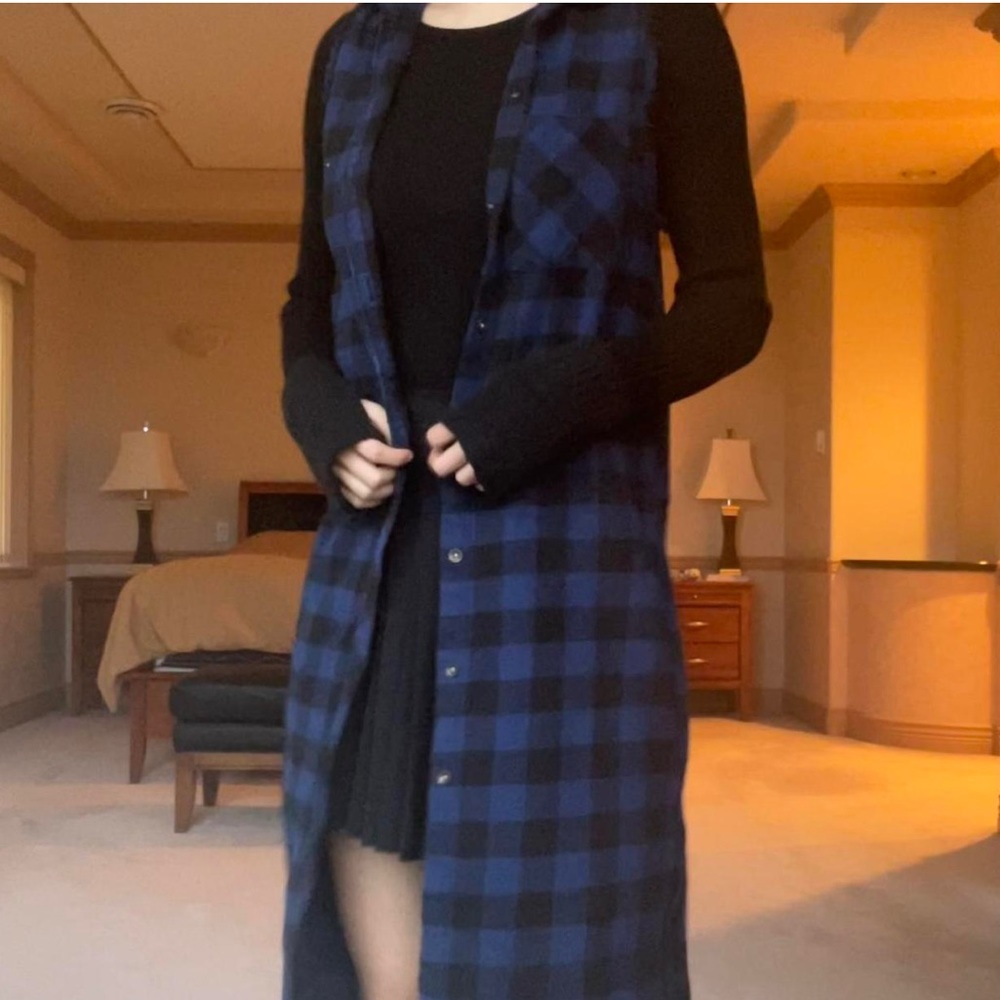 Navy and black long maxi plaid checkered flannel vest